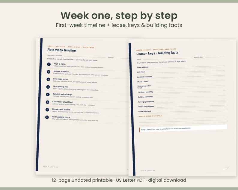 May include: A two-page printable planner titled Week one, step by step. The left page features a First-week timeline with numbered checklists. The right page includes a Lease, keys, and building facts form with blank lines for contact information.