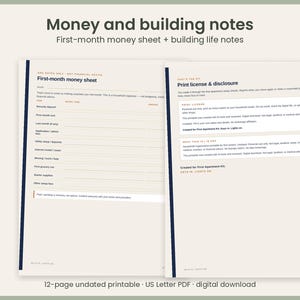 May include: A 12-page undated printable US Letter PDF digital download titled Money and building notes. The document includes a First-month money sheet with columns for fees, notes, and amounts, and a Print license and disclosure page.