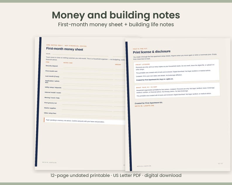 May include: A 12-page undated printable US Letter PDF digital download titled Money and building notes. The document includes a First-month money sheet with columns for fees, notes, and amounts, and a Print license and disclosure page.