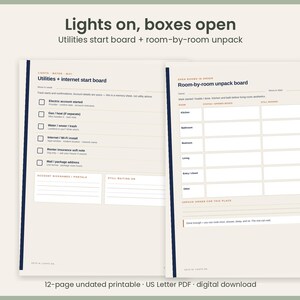 May include: A 12-page undated printable US Letter PDF digital download featuring a utilities start board and a room-by-room unpack board. The pages include checklists for electric, gas, water, internet, and room organisation tasks.