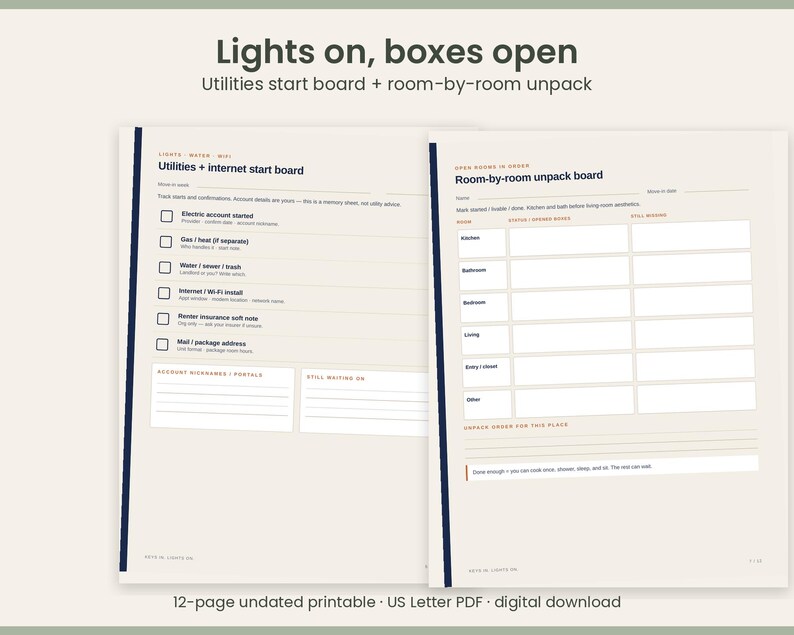 May include: A 12-page undated printable US Letter PDF digital download featuring a utilities start board and a room-by-room unpack board. The pages include checklists for electric, gas, water, internet, and room organisation tasks.