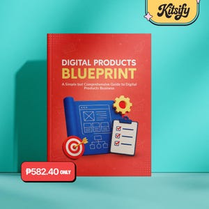 Puede incluir: Un libro rojo titulado DIGITAL PRODUCTS BLUEPRINT A Simple but Comprehensive Guide to Digital Products Business. La portada presenta un gráfico de plano azul, un engranaje amarillo, una diana roja y blanca con una flecha y un portapapeles blanco.
