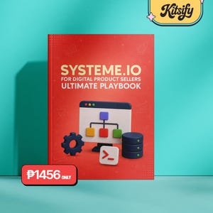 May include: A red book titled SYSTEME.IO FOR DIGITAL PRODUCT SELLERS ULTIMATE PLAYBOOK. The cover features a 3D graphic of a computer monitor displaying a flowchart, a dark blue gear, a stack of three dark blue cylinders, and a white square icon.