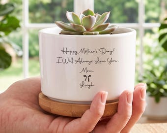 Personlig mammaplanter, keramisk suckulentkruka med eget meddelande, mors dag-present till mamma, blomkruka med eget namn och bambufat