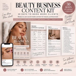 Può includere: Un kit di contenuti per aziende di bellezza con un'agenda a spirale, uno smartphone che mostra un post sui social media e pagine informative che descrivono un calendario di contenuti di 30 giorni, idee per post, didascalie e modelli.