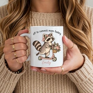 Funny Mom Raccoon Mug, Personalized Coffee Cup, Off to Commit Mom Foolery, Custom Name Mug, Cute Mom Gift, Christmas Gift for Mom from Kids