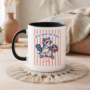 Funny Mom Raccoon Coffee Mug, Off to Commit Mom Foolery, Personalized Name Cup, Cute Humorous Mom Gift, Birthday Christmas Present for Women
