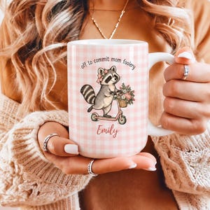 Personalized Funny Mom Mug, Raccoon Coffee Cup, Off to Commit Mom Foolery, Custom Name Mug, Cute Gift for Moms, Christmas Mom Gift for Women