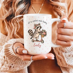 Funny Raccoon Mom Mug, Personalized Coffee Cup, Off to Commit Mom Foolery, Custom Name Gift for Mom, Birthday Gift, Christmas Gift for Women