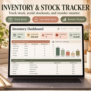 Könnte beinhalten: Ein Laptop-Bildschirm zeigt ein Inventar- und Bestandsverfolgungs-Dashboard mit Tabellen, Diagrammen und Kennzahlen. Die Benutzeroberfläche enthält Bereiche für Produkte mit niedrigem Bestand und einen Planer für Nachbestellungen.