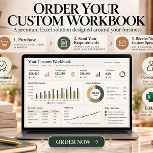 May include: A laptop screen displaying a custom Excel workbook dashboard with financial charts, revenue data, and profit trends. The interface includes sections for monthly performance, income breakdown, and to-do lists. An Order Now button is centred below.