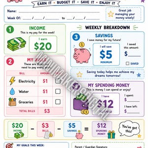 Puede incluir: Una tarjeta de gestión de dinero blanca con ilustraciones coloridas y texto que incluye My Money Management Card, Income, Weekly Breakdown, Savings, My Bills y My Spending Money. La tarjeta tiene secciones para nombres, fechas y seguimiento.