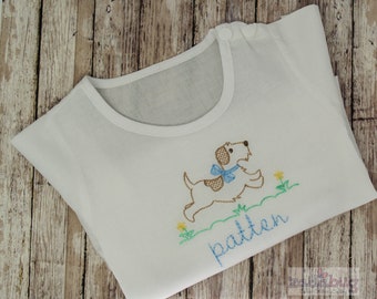 Baby Boy Classic Cotton Personalized Baby Bubble-Toddler Boy Bubble-Infant Boy Bubble-Gift Under 20-Vintage Stitch Puppy Dog-Vintage Font