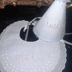 Personalized Embroider Applique One Highchair Banner-First Birthday Wall Banner-Girl Pastel Pink Banner-Cake Topper-Double Scalloped Bow Bib
