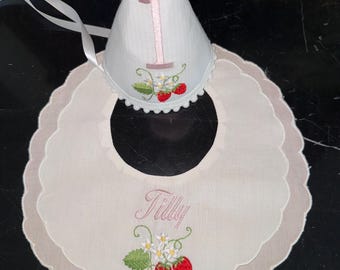 Personalized Embroidered Strawberry First Birthday Hat-Double Scalloped Bib-Party Hat-Birthday Bib-Gingham Cake Topper
