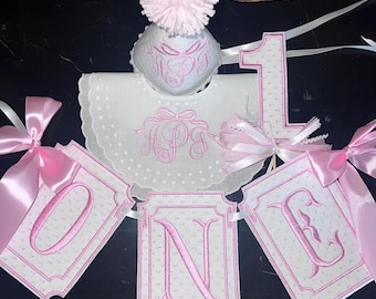 Pink Swiss Dot First Birthday Party Hat with Monogram