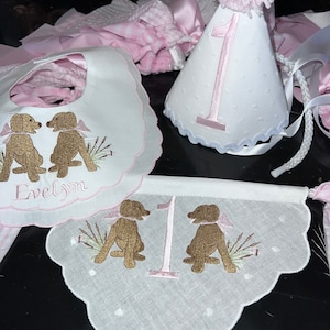 Personalized Embroider Puppy Highchair Banner-First Birthday Puppy Monogrammed Wall Banner-Puppy First Birthday Theme-Puppy Birthday Bib