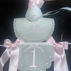 White Swiss Dot Party Hat with Monogram-First Birthday Banner-First Birthday-Party Hat-Cake Topper-Monogram Birthday Hat-Personalized Bib