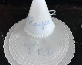 Personalized Irish Linen Double Scalloped Swiss Dot Bib-Birthday Bib-First Birthday-1st Birthday Bib-White Swiss Birthday Hat