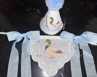 Personalized Embroider Merry Mallard First Birthday-Mallard Birthday Bib-Mallard Banner-Duck Themed Birthday