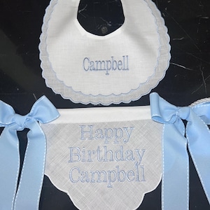 Personalized Embroider Happy Birthday Highchair Banner-Boys Birthday -First Birthday Hat-Cake Topper-Monogram Bib