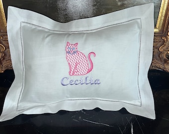 Exquisite Personalized Cotton Hemstitched Baby Pillow For Nursery-Monogram Baby Pillow-Baby Shower Gift-Cat Pillow-Shuler Studio Design