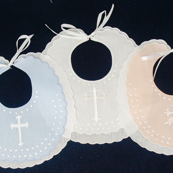 Personalized Irish Linen Double Scalloped Swiss Dot Bib-Classic Christening Bib-Baptismal Bib-God Child Gift-White Cross Bib-Boy Bib-Bib