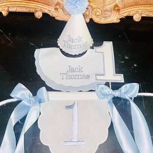 Embroidered One Highchair Banner-Birthday Hat-First Birthday Birthday set-Number One Cake Topper-White Swiss dot PersonalizedParty