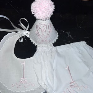 Personalized Embroidered First Birthday Bow Bib-Embroidered First Birthday Bib-First Birthday Party Hat-First Birthday Banner-Cake Topper