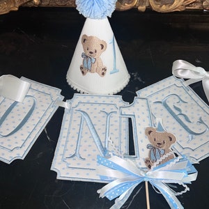 Personalize Embroider Teddy Bear Hat-Birthday Teddy Bear Theme-Blue Swiss Dot Banner-Blue Swiss Dot Cake Topper Teddy Bear with Ribbons