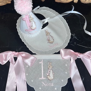 Personalized Embroider Beatrix Potter Peter Rabbit Highchair Banner-First Birthday Wall Banner-Girl&#39;s Cake Smash Outfit-Peter Rabbit Bib