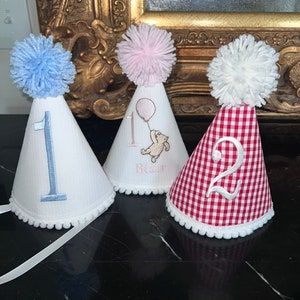 Personalized Blue Gingham Birthday Party Hat-Child&#39;s Birthday Hat-Party Hat-Seersucker Party Hat-Number One Party Hat-Embroidered Party Hat