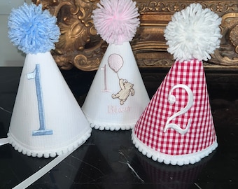 Personalized Embroidered Birthday Party Hat: Gingham or Seersucker