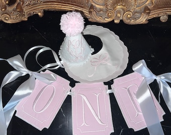 Personalized Embroider Applique One Highchair Banner-First Birthday Wall Banner-Girl Pastel Pink Banner-Cake Topper-Double Scalloped Bow Bib