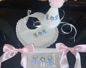 Embroidered First Birthday Set: Party Hat, Bib & Banner - Three Gifts Design