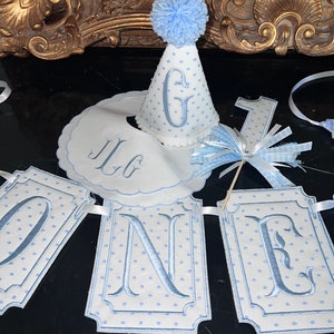 Personalized Embroidered White Blue Swiss Dot One Highchair Banner-Monogram Bib-White Blue Swiss Cake Topper-Personalized Blue Swiss Dot Hat
