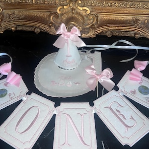 Personalized Embroider One Highchair Banner-First Birthday Banner-Girl Pastel Pink Banner-Cake Topper-Double Scalloped Bow Bib-Party Hat