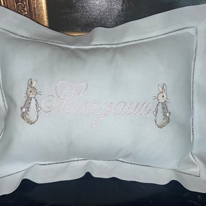 Exquisite Personalized Linen Hemstitched Baby Pillow For Baby&#39;s Nursery-Monogram Baby Pillow-Baby Shower Gift-Peter Rabbit Bedding Pillow
