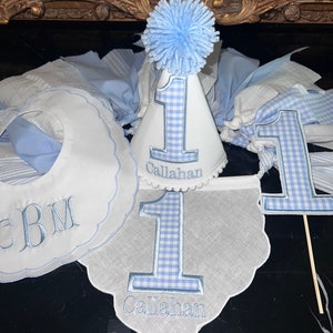 Personalized Embroider Appliqué One Highchair Banner-Boys Birthday -First Birthday Hat-Blue Gingham Appliqué One Party Hat