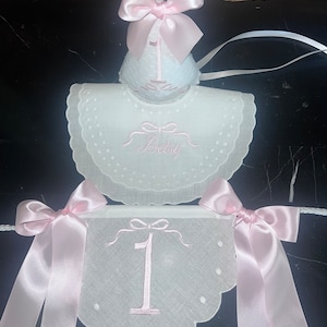 White Swiss Dot Party Hat with Monogram-First Birthday Hat-First Birthday-Birthday Banner-Cake Topper-Monogram Birthday Hat-Personalized Bib