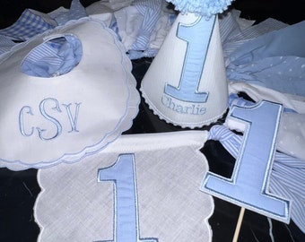 Personalized Embroider Appliqué One Highchair Banner-Boys Birthday -First Birthday Hat-Appliqué One Party Hat