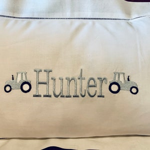 Exquisite Personalized Cotton Hemstitched Baby Pillow For Nursery-Tractor First Birthday Pillow-Baby Shower Gift-Tractor Bedding Pillow
