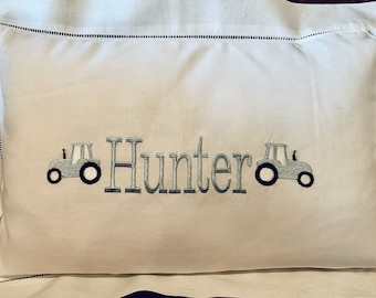 Personalized Tractor Pillow: Cotton Hemstitched Nursery Decor