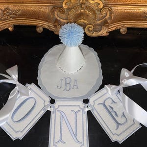 Personalized Embroidered White Swiss Dot One Highchair Banner-Monogram Bib-Classis First Birthday Set-Personalized First Birthday Hat
