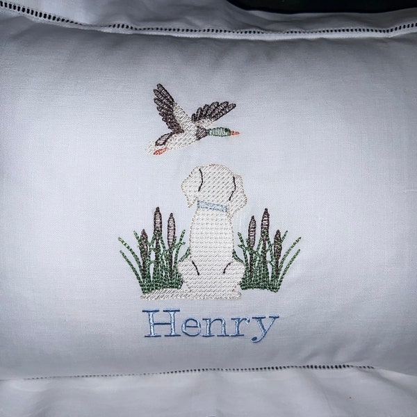 Exquisite Personalized Cotton Hemstitched Baby Pillow For Baby's Nursery-Personalized Baby Pillow-Baby Shower Gift-Yellow Lab Mallard Pillow