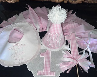 Personalized Embroidered One Panel For Highchair Banner-Birthday Bib-First Birthday Bib-Number One Cake Topper-Pink Gingham One Party Hat