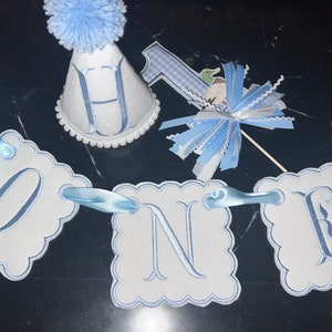Personalized Embroidered White Swiss Dot One Highchair Banner-Monogram Bib-Blue Gingham Mallard Cake Topper-Personalized  First Birthday Hat