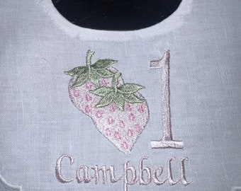 Personalized Embroidered Strawberry First Birthday- Highchair Banner-First Or Second Birthday Banner-Strawberry Birthday Dress- Birthday Bib