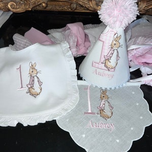 Personalized Embroider Beatrix Potter Peter Rabbit Highchair Banner Panel-White Double Scalloped Swiss Dot Peter Rabbit Bib-Peter Rabbit Hat