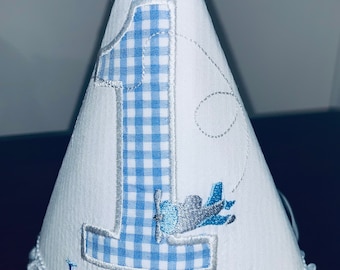 Customize Personalized Blue Gingham Airplane Birthday Party Hat-Child's Birthday Hat-First Birthday Party Hat-Second Birthday Party Hat